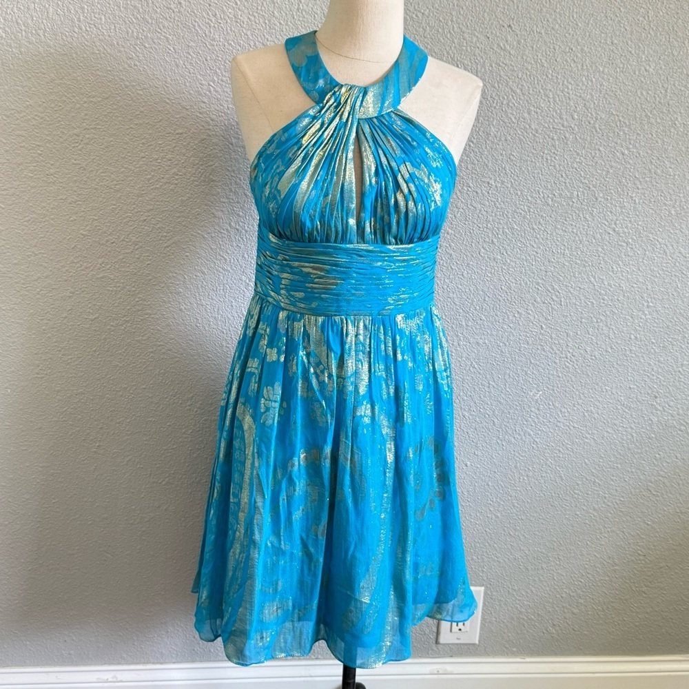 Aidan Mattox Keyhole Metallic Criss Cross Dress Size 4 EUC Silk Blend